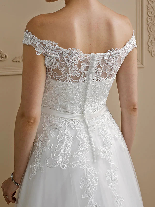 DingjiBall Gown Wedding Dresses Off Shoulder Court Train Lace Tulle Cap Sleeve Country Glamorous See-Through Plus Size Backless with Sashes Ribbons Bow(s) Buttons