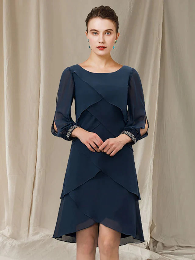 A-Line Mother of the Bride Dress Elegant Jewel Neck Asymmetrical Short Mini Chiffon Short Sleeve with Ruffles