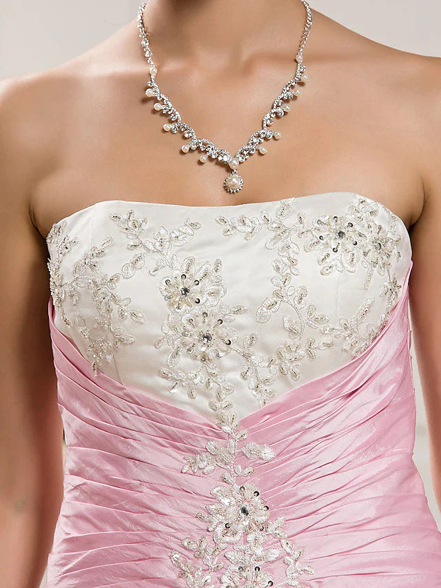 DingjiBall Gown Wedding Dresses Strapless Chapel Train Organza Taffeta Strapless Wedding Dress in Color with Ruched Beading Appliques