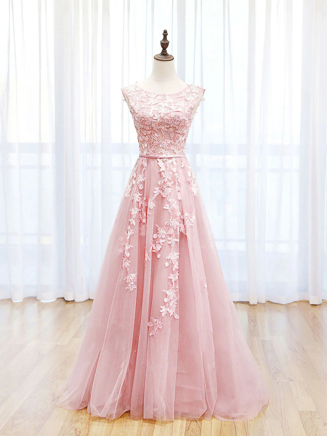 Neckline Tulle Pink Long Prom Dress Pink Backless Evening Dresses