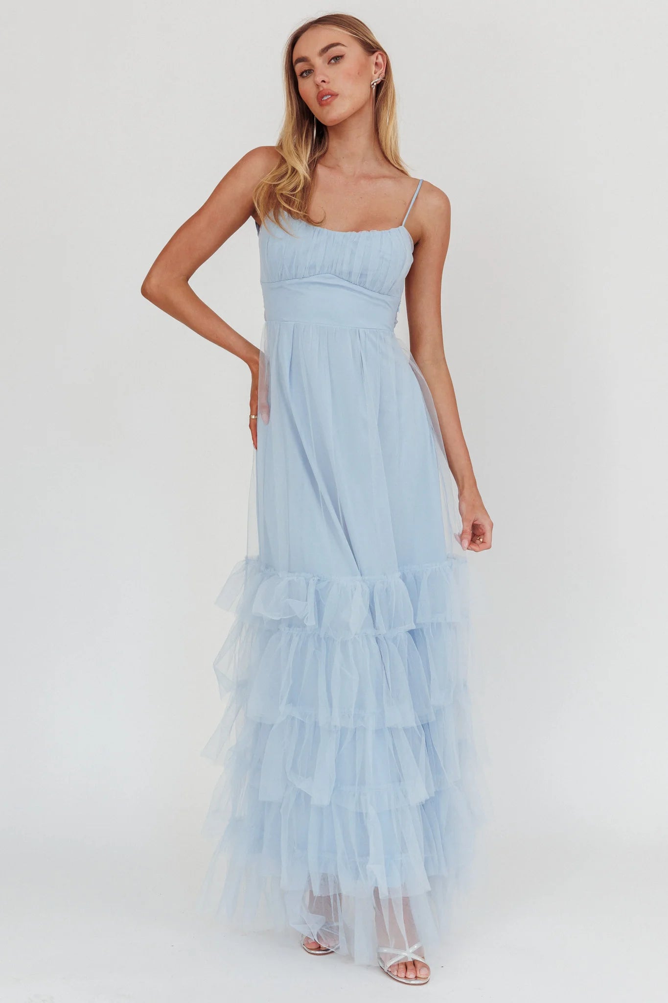 Baby Blue Tulle Cutout Back Tiered Ruffle Maxi Evening Dress