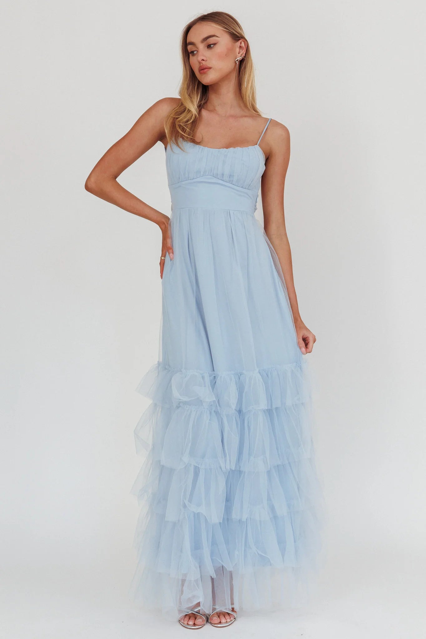 Baby Blue Tulle Cutout Back Tiered Ruffle Maxi Evening Dress