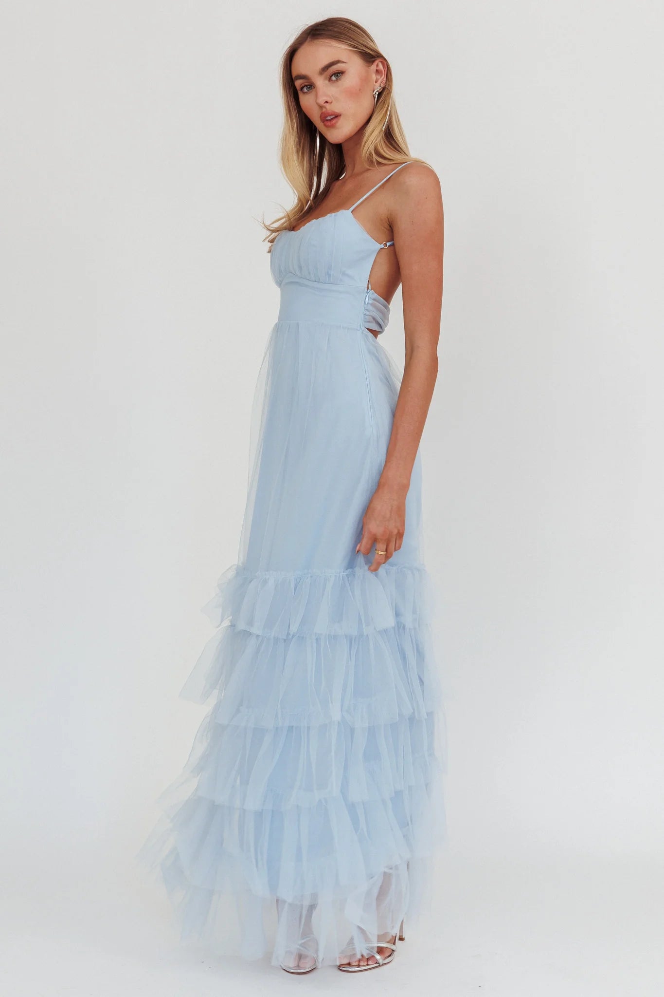 Baby Blue Tulle Cutout Back Tiered Ruffle Maxi Evening Dress