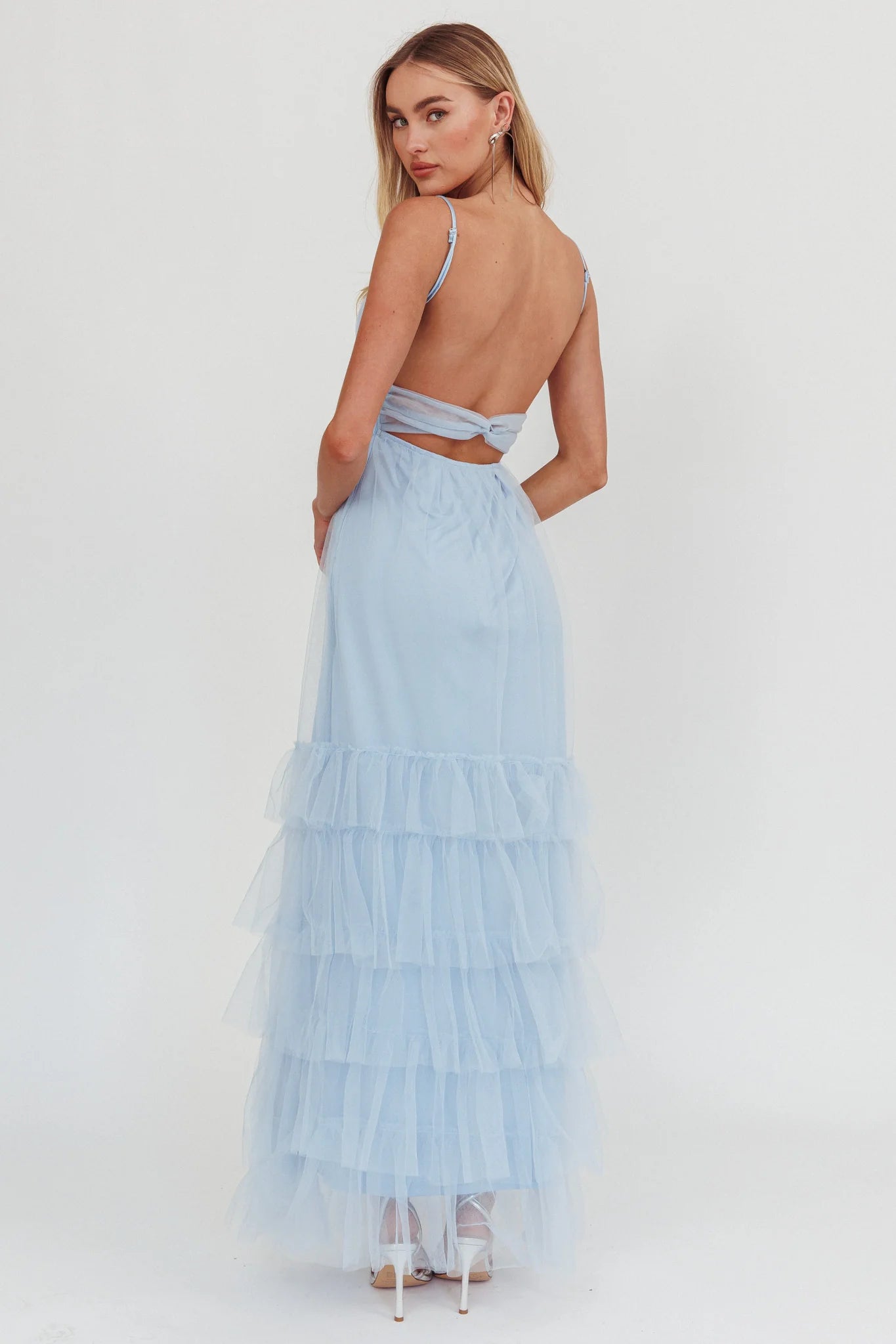 Baby Blue Tulle Cutout Back Tiered Ruffle Maxi Evening Dress