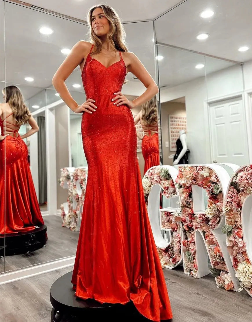Red Spaghetti Straps Corset Back Long Prom Dress