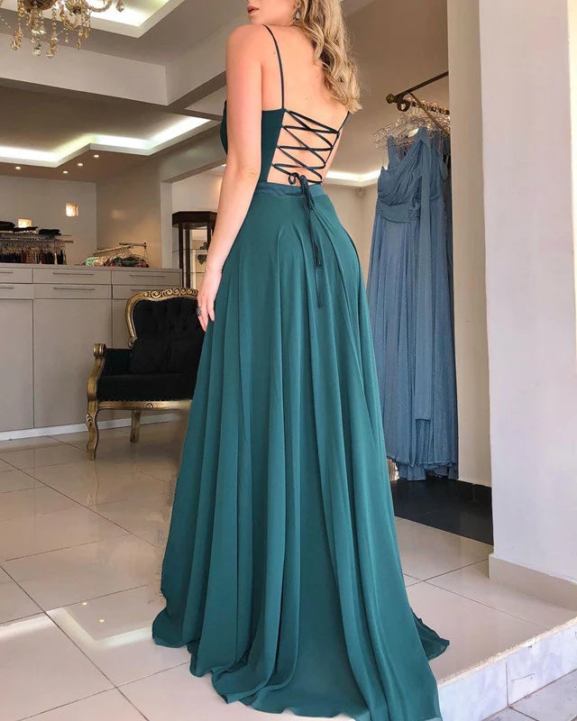 Neck Open Back Chiffon Split Evening Dresses