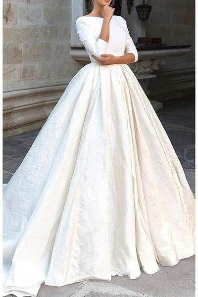 Backless Long Sleeve Ivory Wedding Dresses Modest 3/4 Sleeve Wedding Gowns