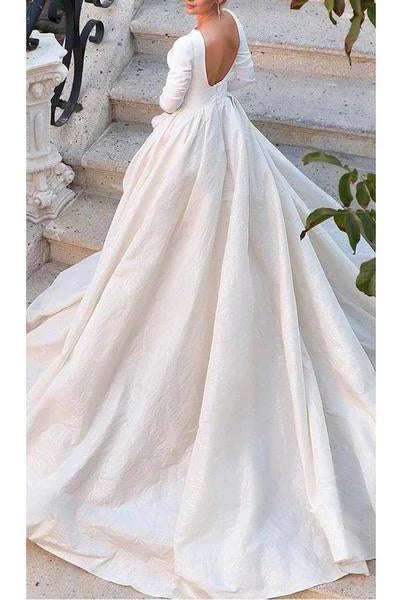 Backless Long Sleeve Ivory Wedding Dresses Modest 3/4 Sleeve Wedding Gowns