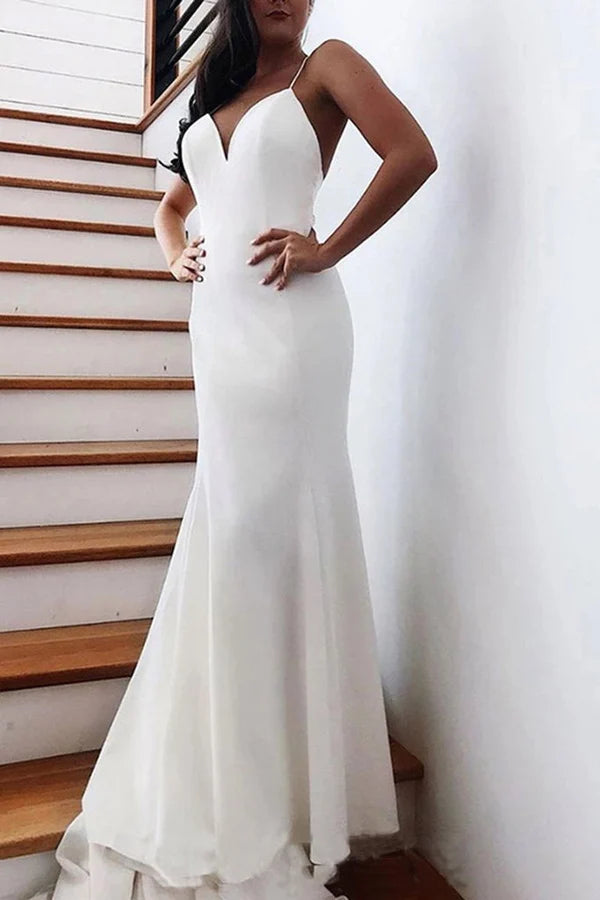 Spaghetti Straps Backless V Neck Mermaid Wedding Dresses