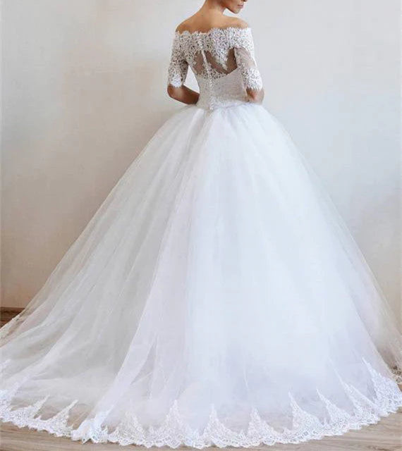 Dingji WeddingjiDress Ball Gown Boat Neck Tulle With Applique And Beads Long Sleeves Wedding Dresses