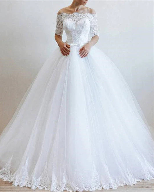 Dingji WeddingjiDress Ball Gown Boat Neck Tulle With Applique And Beads Long Sleeves Wedding Dresses