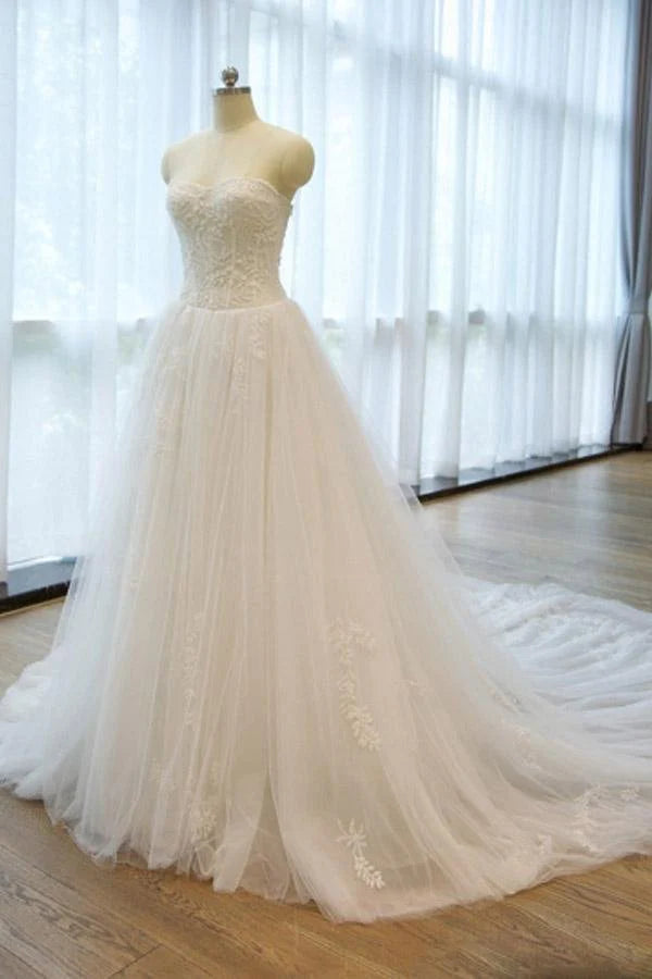 Ball Gown Strapless Lace Appliques A Line Chapel Train Wedding Dress