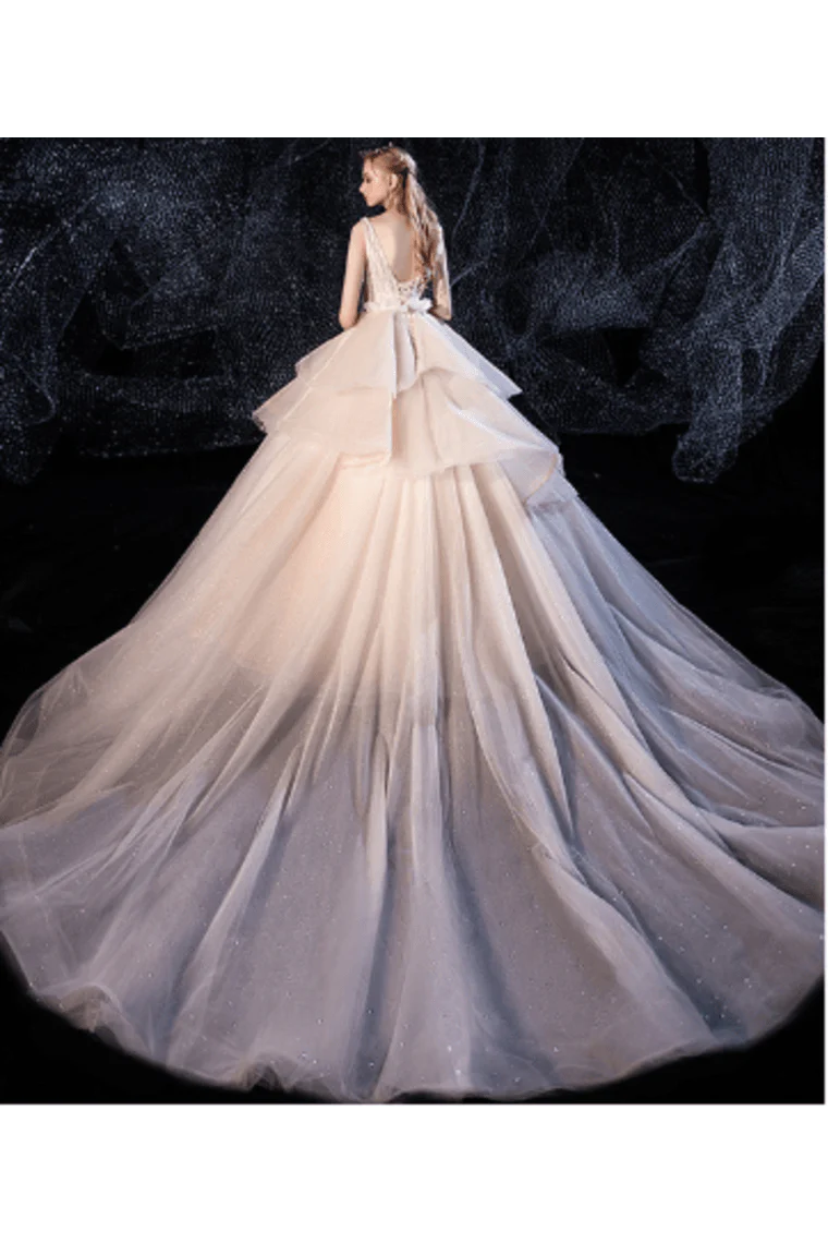 Dingji WeddingjiDress Ball Gown Tulle Wedding Dresses Straps Beads Chapel Train