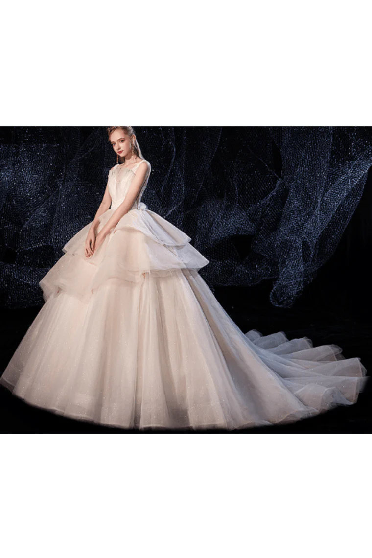 Dingji WeddingjiDress Ball Gown Tulle Wedding Dresses Straps Beads Chapel Train