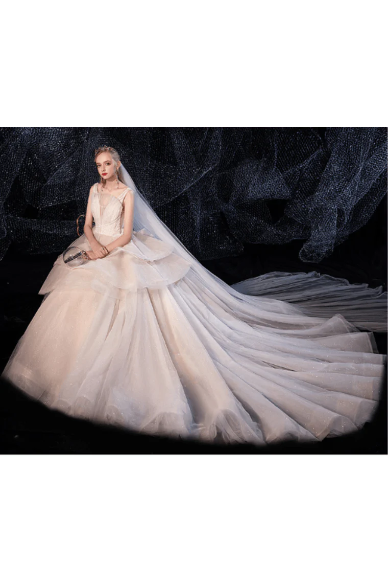 Dingji WeddingjiDress Ball Gown Tulle Wedding Dresses Straps Beads Chapel Train