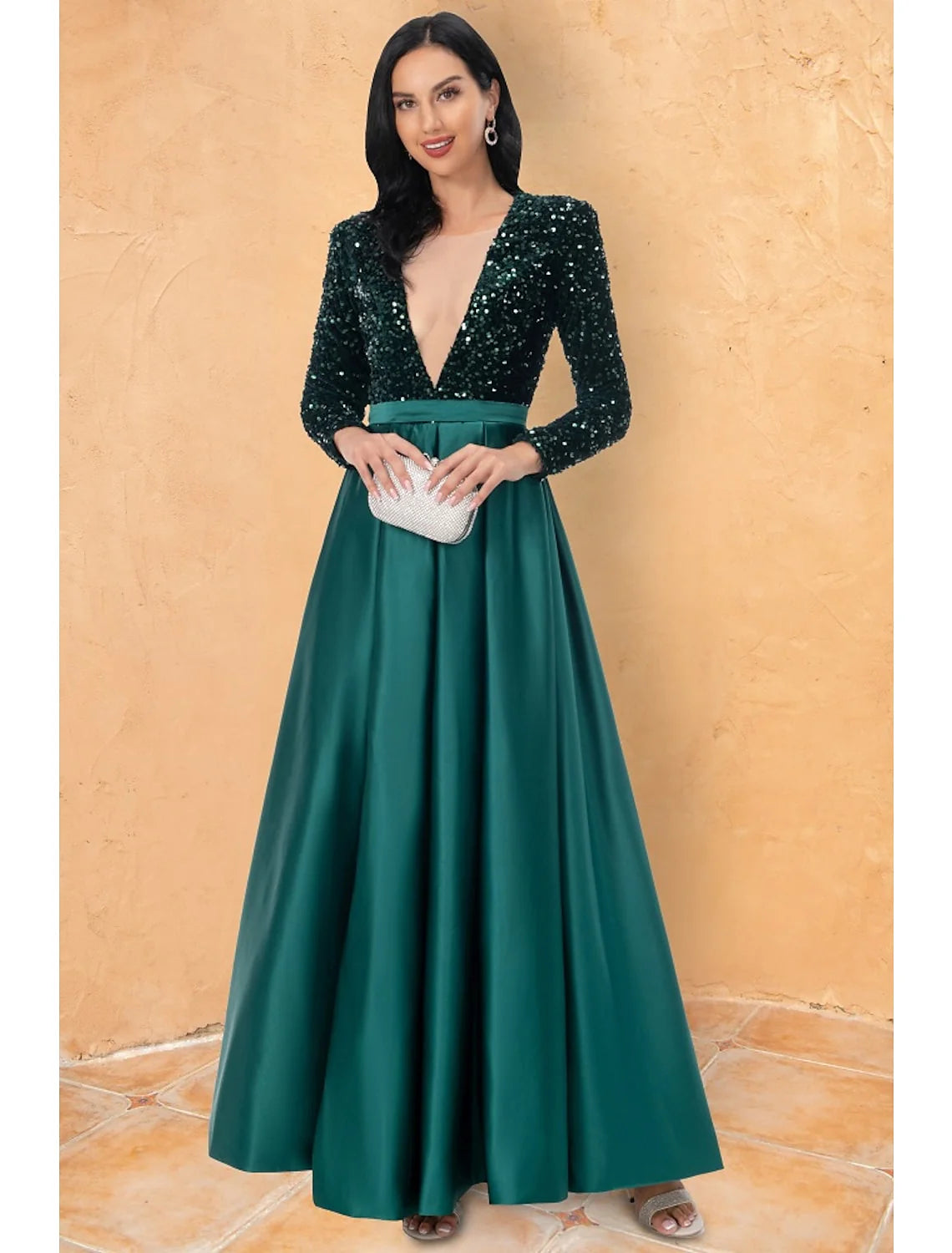 DingjiBall Gown Cocktail Dresses Sparkle & Shine Dress Wedding Party Floor Length Long Sleeve V Neck Sequined with Sequin