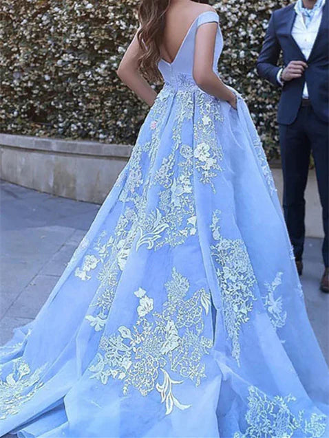 Women's Ball Gown Tulle Off-The-Shoulder Floor-Length Long Prom Dresses