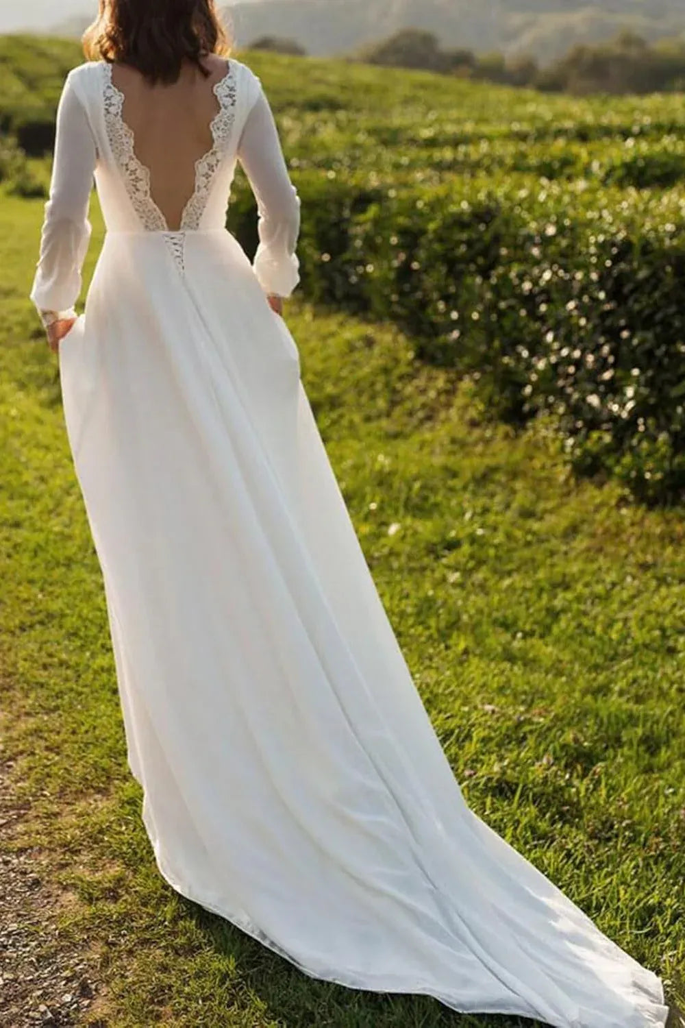 Neck Chiffon A-Line Wedding Dress with Lace Back & Pockets - Bohemian Bridal Gown