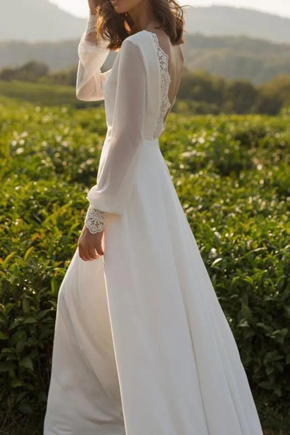 Neck Chiffon A-Line Wedding Dress with Lace Back & Pockets - Bohemian Bridal Gown