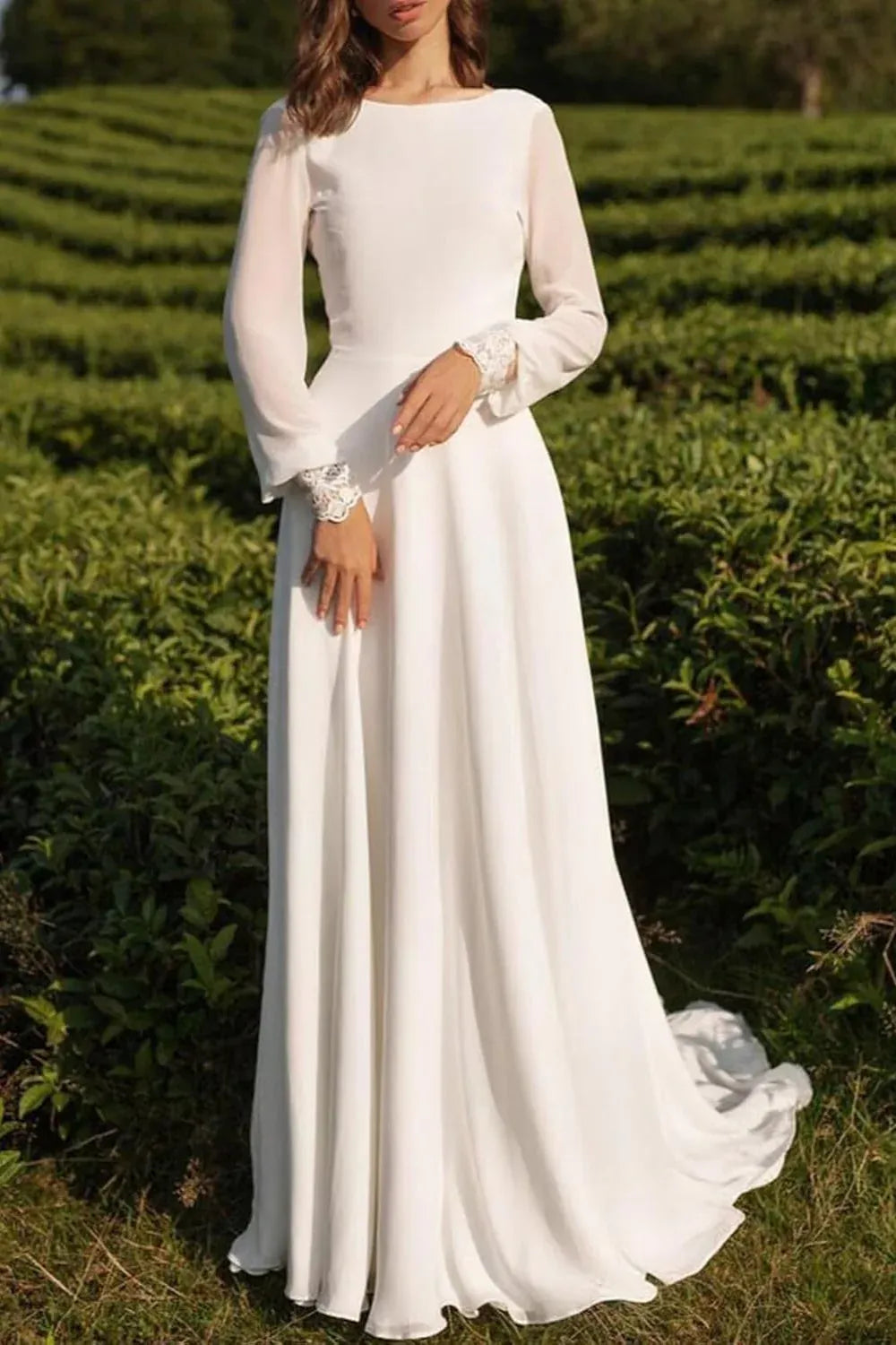 Neck Chiffon A-Line Wedding Dress with Lace Back & Pockets - Bohemian Bridal Gown