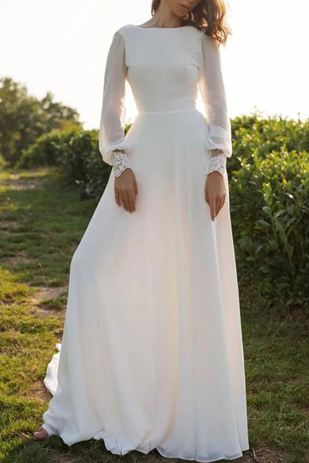 Neck Chiffon A-Line Wedding Dress with Lace Back & Pockets - Bohemian Bridal Gown