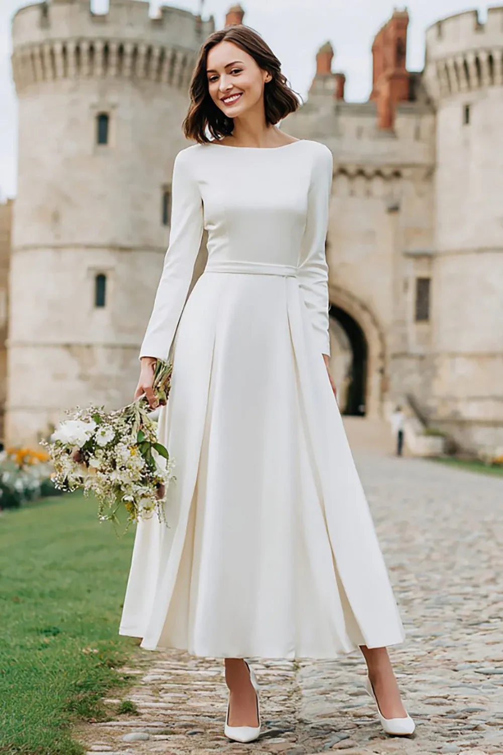 Bateau Neck Crepe Ankle-Length Wedding Dress with V-Back