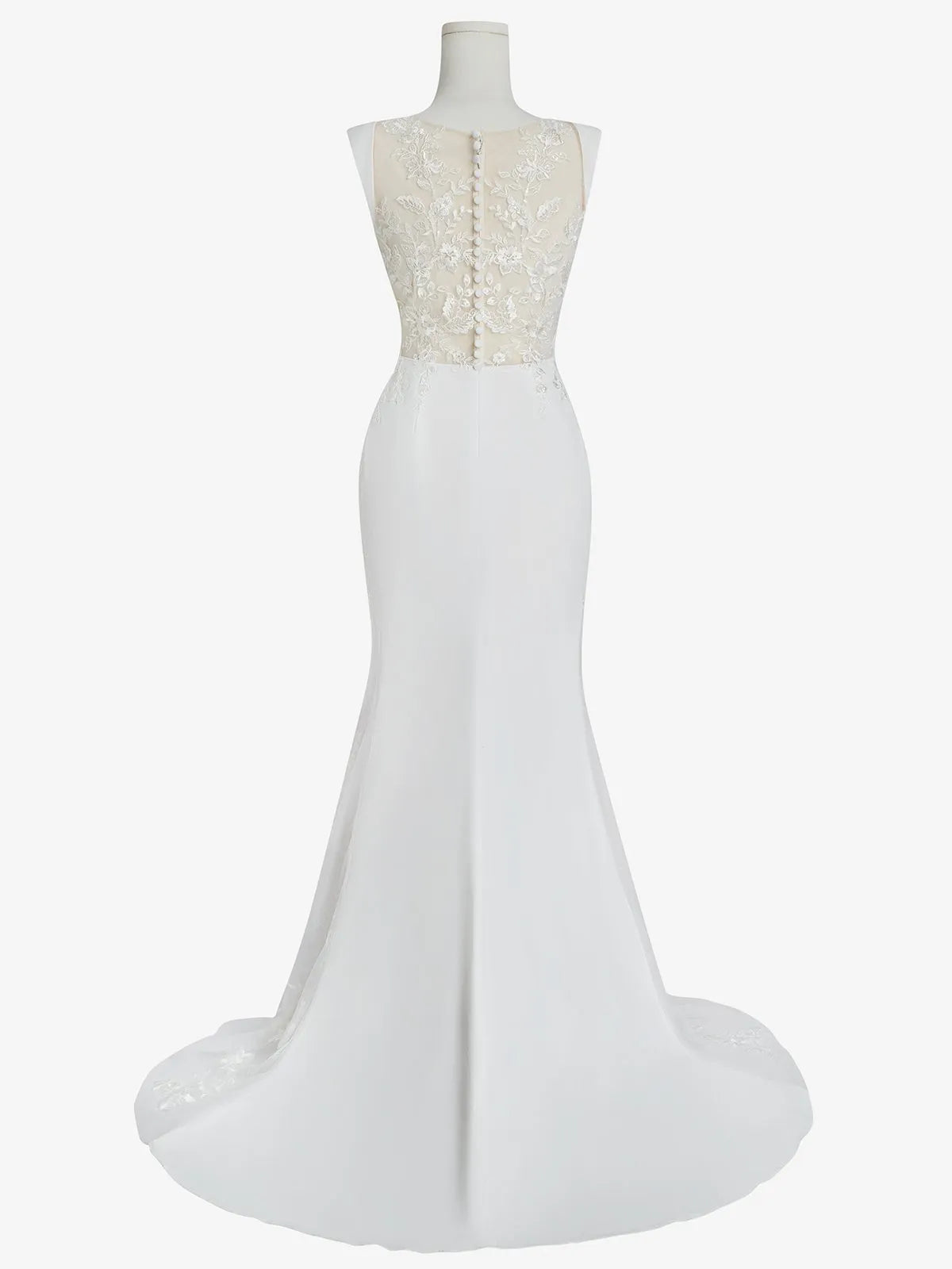 Bateau Neck Crepe Mermaid Wedding Dress with Illusion Lace Back & Lace Trimmed Train - Modern Bridal Gown