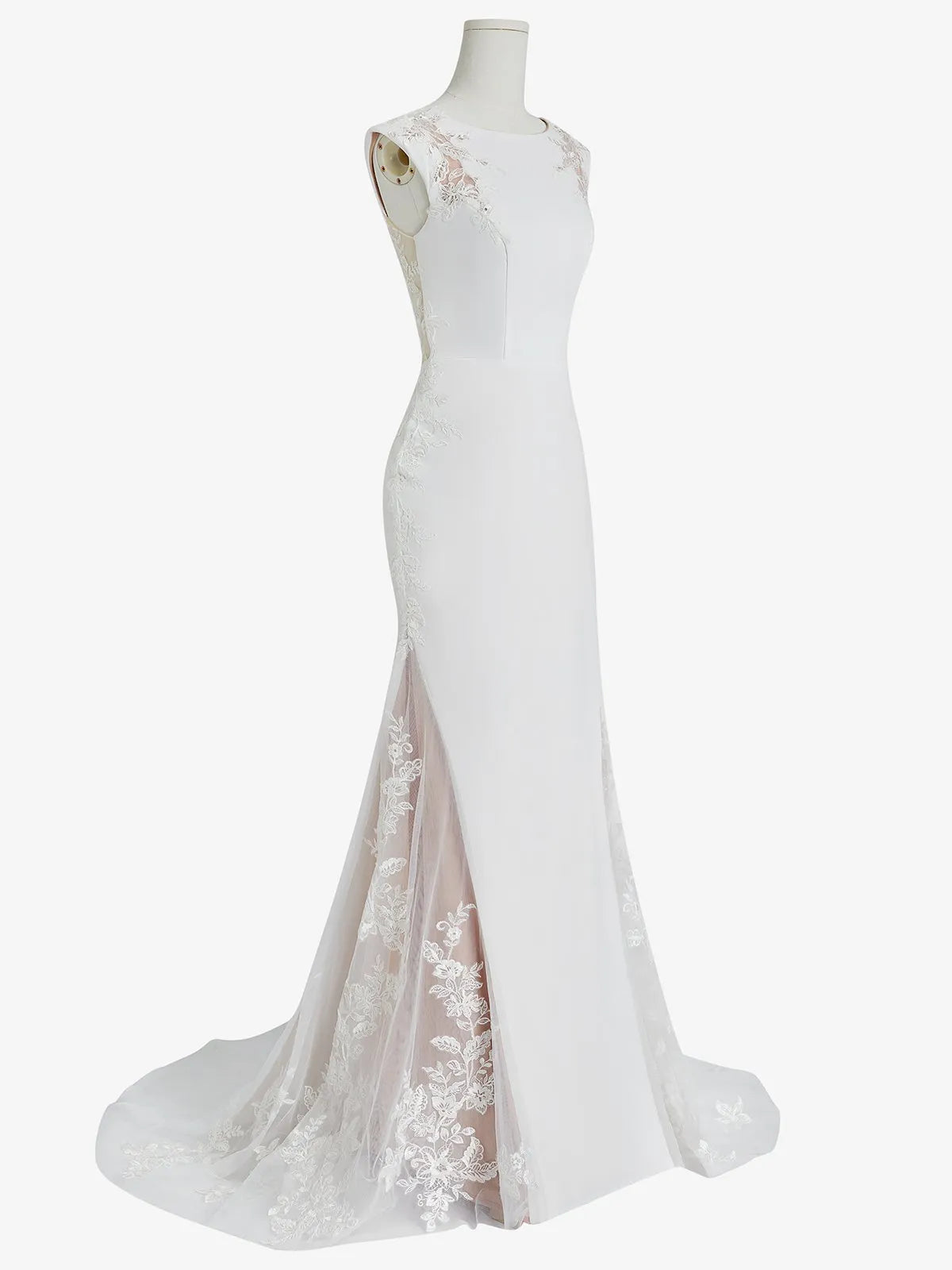 Bateau Neck Crepe Mermaid Wedding Dress with Illusion Lace Back & Lace Trimmed Train - Modern Bridal Gown