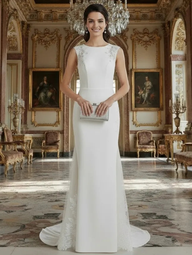 Bateau Neck Crepe Mermaid Wedding Dress with Illusion Lace Back & Lace Trimmed Train - Modern Bridal Gown
