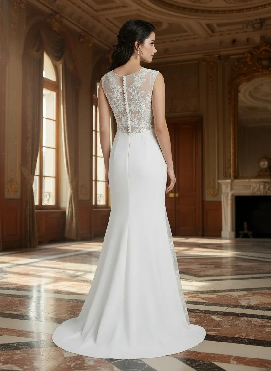 Bateau Neck Crepe Mermaid Wedding Dress with Illusion Lace Back & Lace Trimmed Train - Modern Bridal Gown