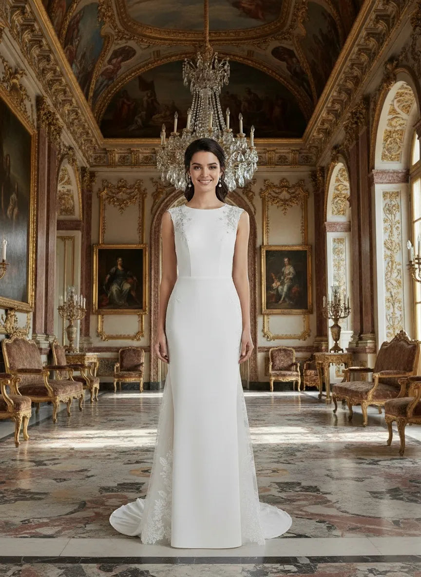 Bateau Neck Crepe Mermaid Wedding Dress with Illusion Lace Back & Lace Trimmed Train - Modern Bridal Gown