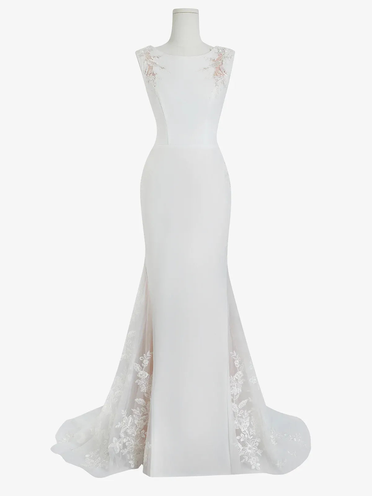 Bateau Neck Crepe Mermaid Wedding Dress with Illusion Lace Back & Lace Trimmed Train - Modern Bridal Gown