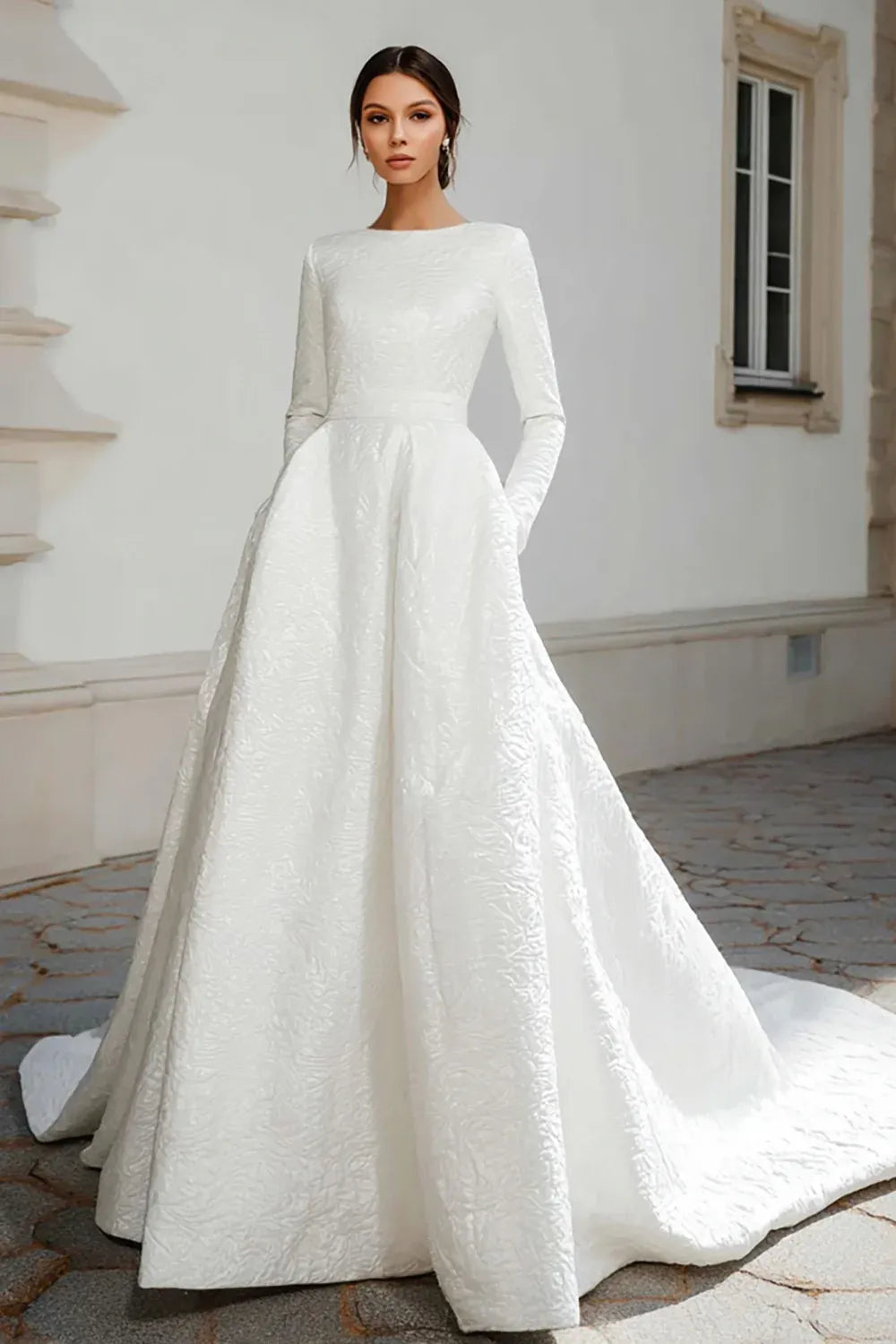 Bateau Neck Embossed Satin A-Line Wedding Dress with Long Sleeves and Pockets - Classic Bridal Gown