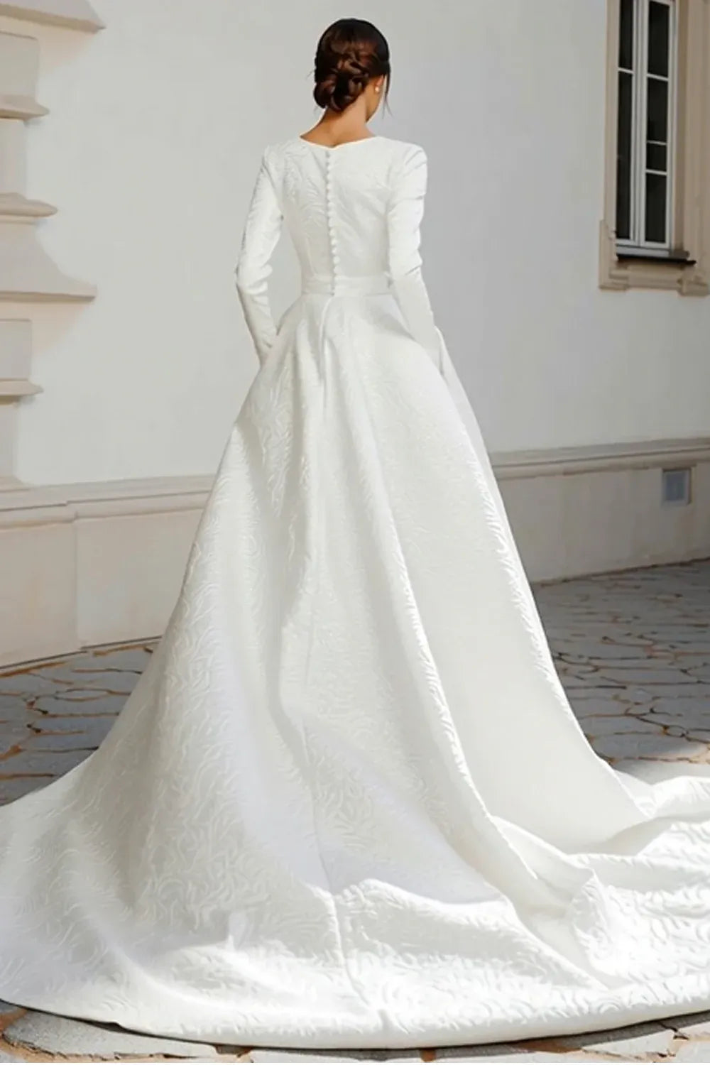 Bateau Neck Embossed Satin A-Line Wedding Dress with Long Sleeves and Pockets - Classic Bridal Gown