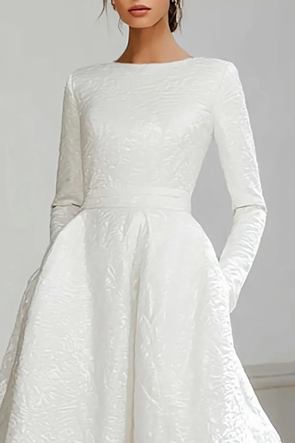 Bateau Neck Embossed Satin A-Line Wedding Dress with Long Sleeves and Pockets - Classic Bridal Gown