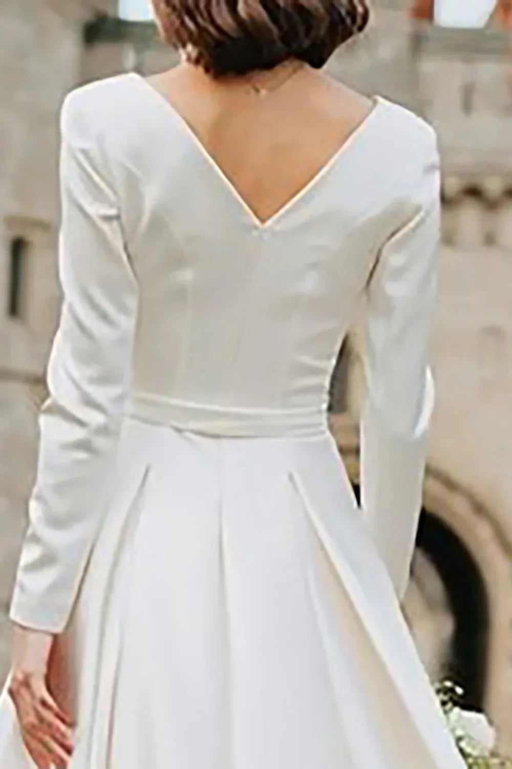 Bateau Neck Long Sleeve Satin Tea-Length Wedding Dress with V-Back