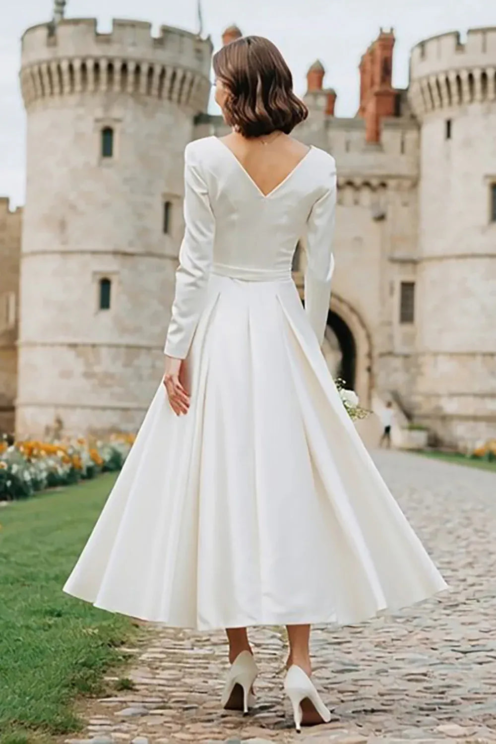 Bateau Neck Long Sleeve Satin Tea-Length Wedding Dress with V-Back