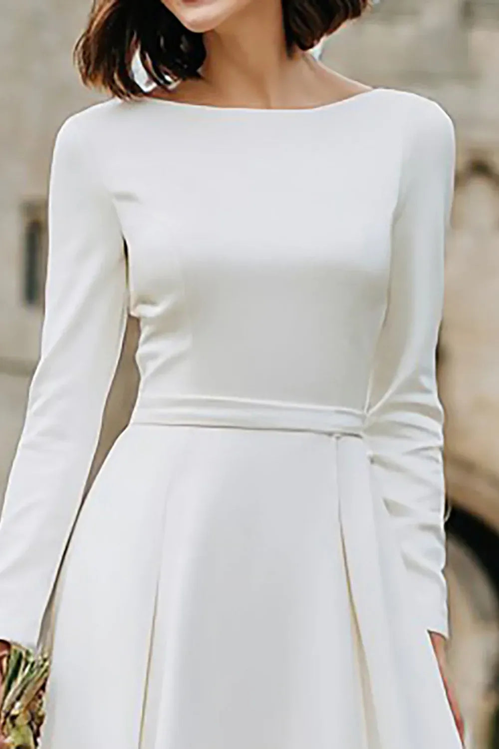Bateau Neck Long Sleeve Satin Tea-Length Wedding Dress with V-Back