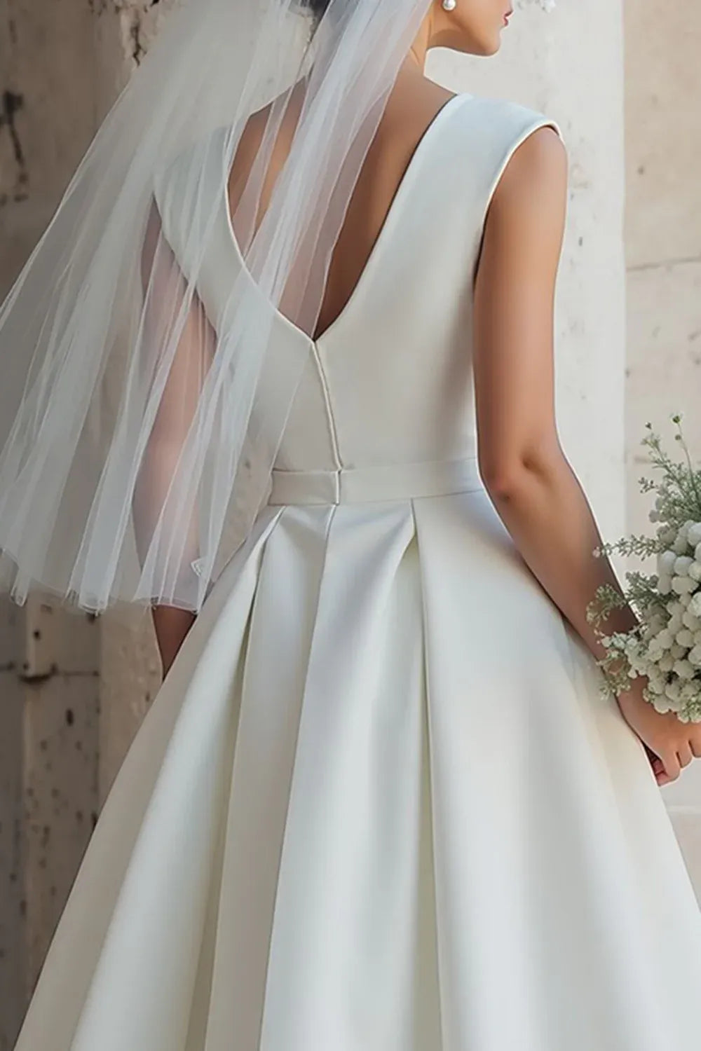 Bateau Neck Satin A-Line Tea-Length Wedding Dress with Pockets