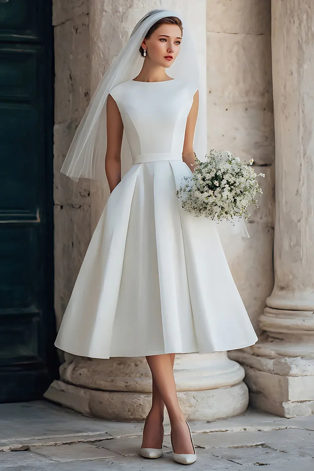 Bateau Neck Satin A-Line Tea-Length Wedding Dress with Pockets