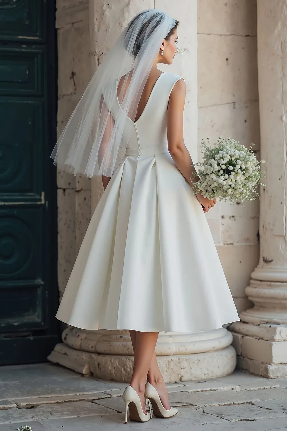 Bateau Neck Satin A-Line Tea-Length Wedding Dress with Pockets