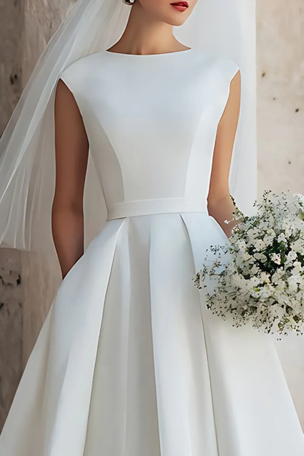 Bateau Neck Satin A-Line Tea-Length Wedding Dress with Pockets