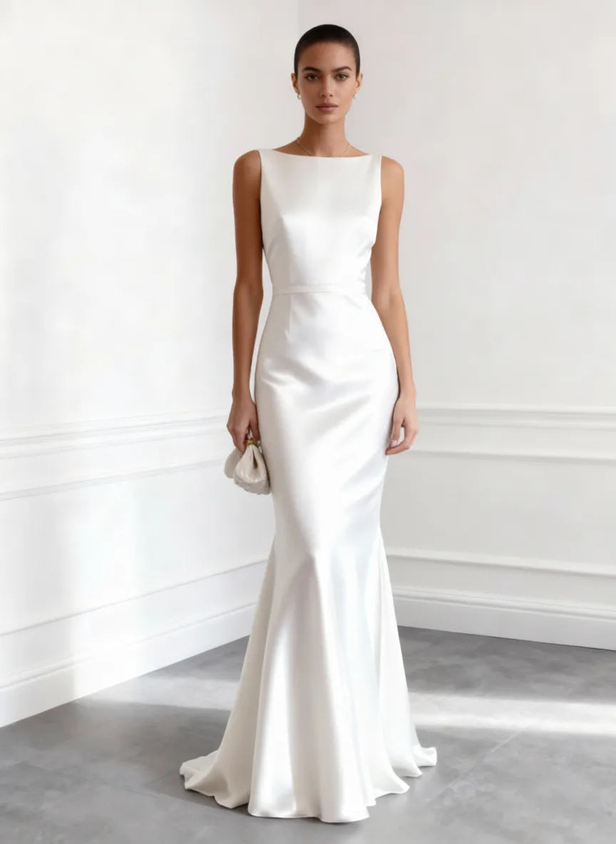 Bateau Neck Satin Mermaid Wedding Dress with Deep V-Back & Ruffle Train - Minimalist Bridal Gown
