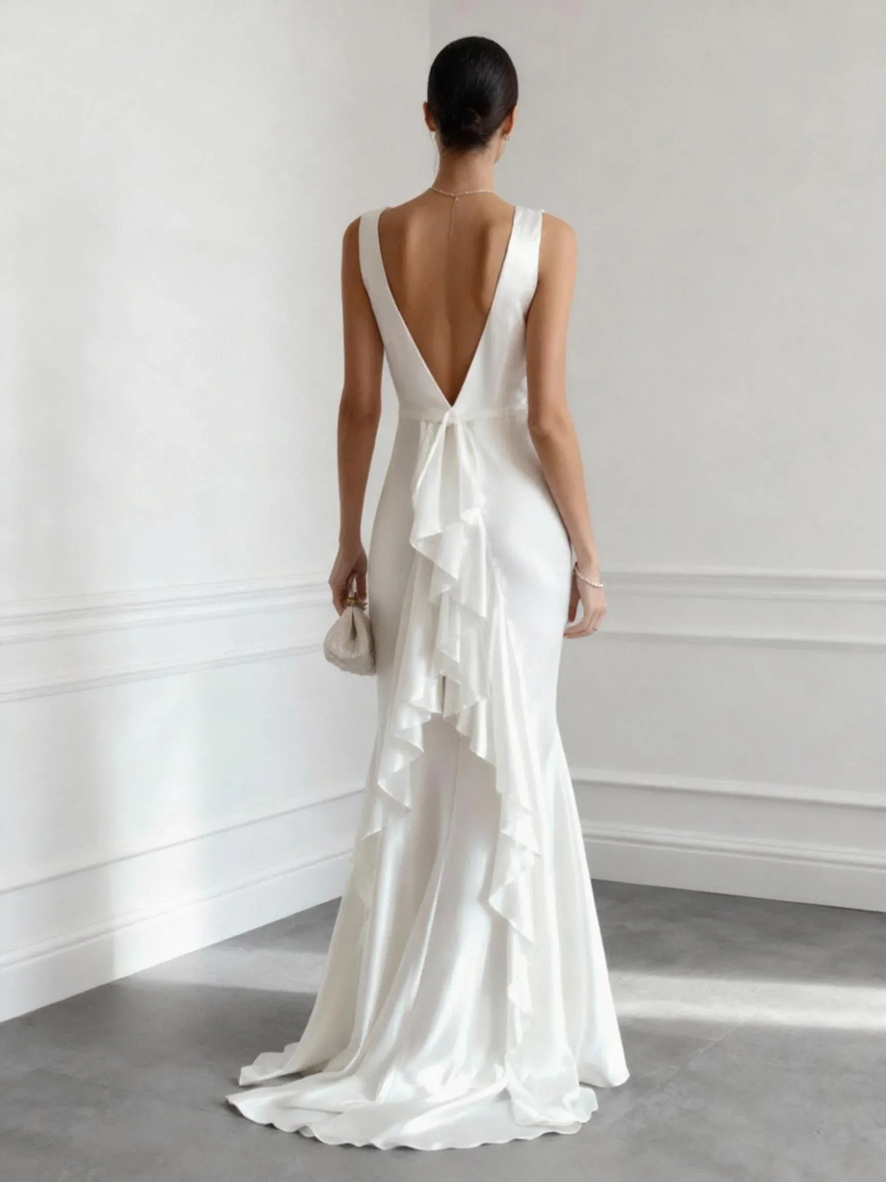 Bateau Neck Satin Mermaid Wedding Dress with Deep V-Back & Ruffle Train - Minimalist Bridal Gown