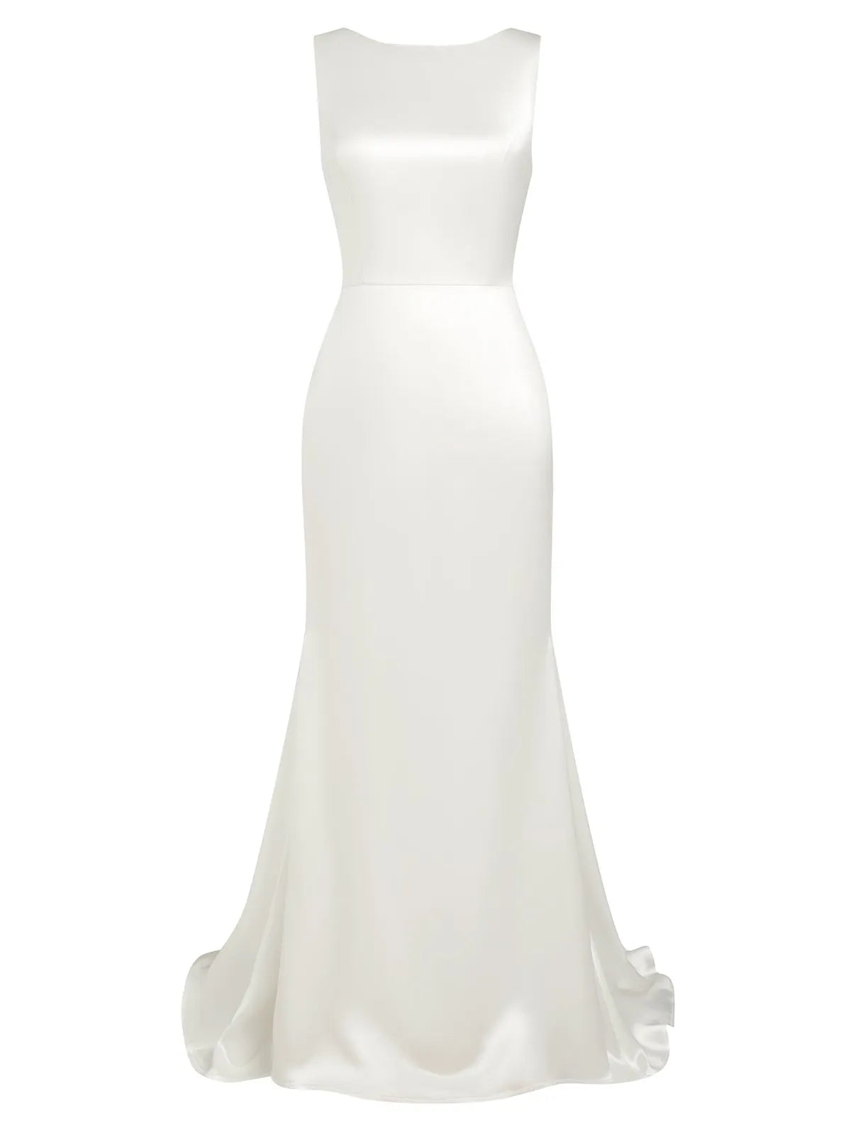 Bateau Neck Satin Mermaid Wedding Dress with Deep V-Back & Ruffle Train - Minimalist Bridal Gown