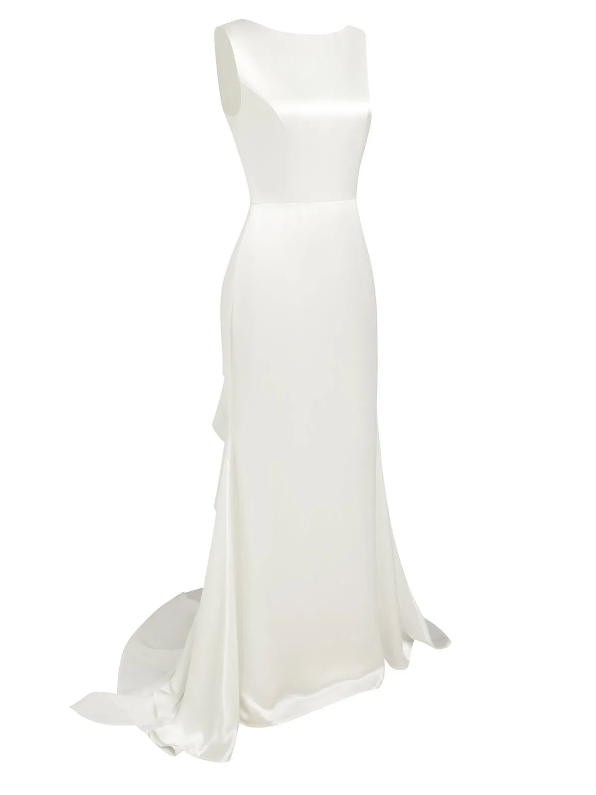 Bateau Neck Satin Mermaid Wedding Dress with Deep V-Back & Ruffle Train - Minimalist Bridal Gown