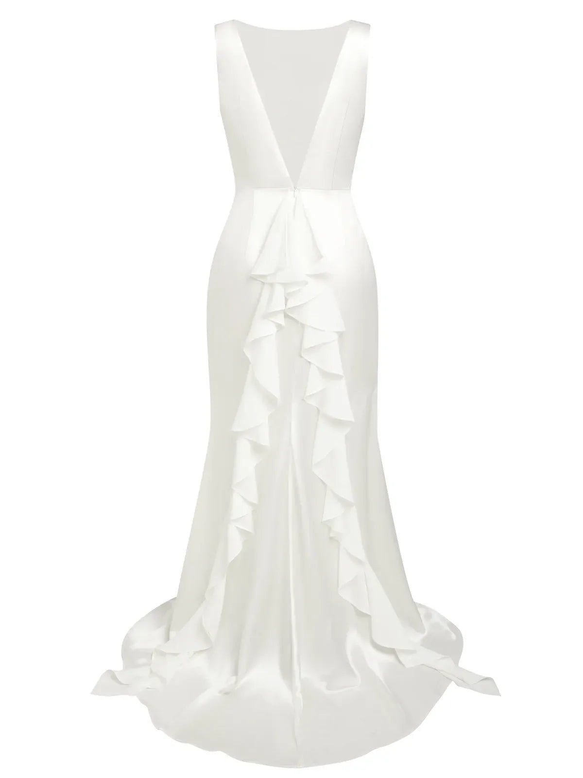 Bateau Neck Satin Mermaid Wedding Dress with Deep V-Back & Ruffle Train - Minimalist Bridal Gown