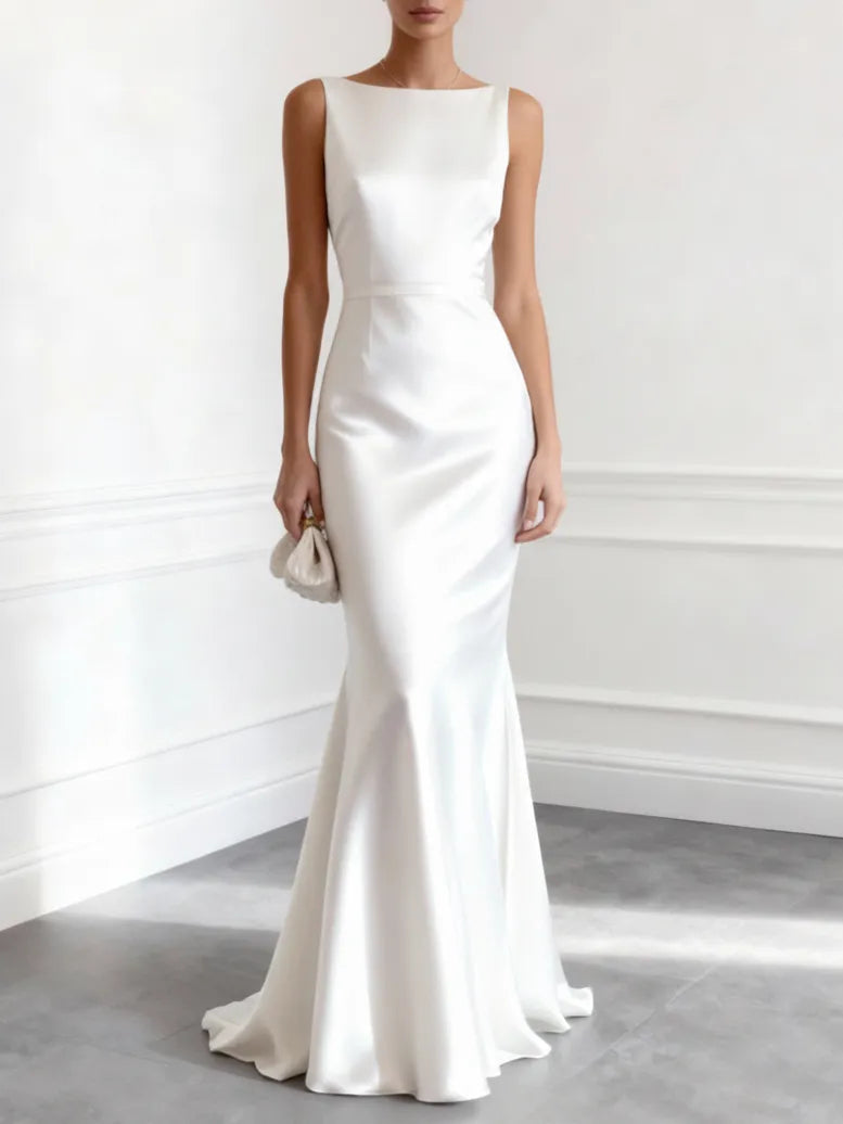 Bateau Neck Satin Mermaid Wedding Dress with Deep V-Back & Ruffle Train - Minimalist Bridal Gown
