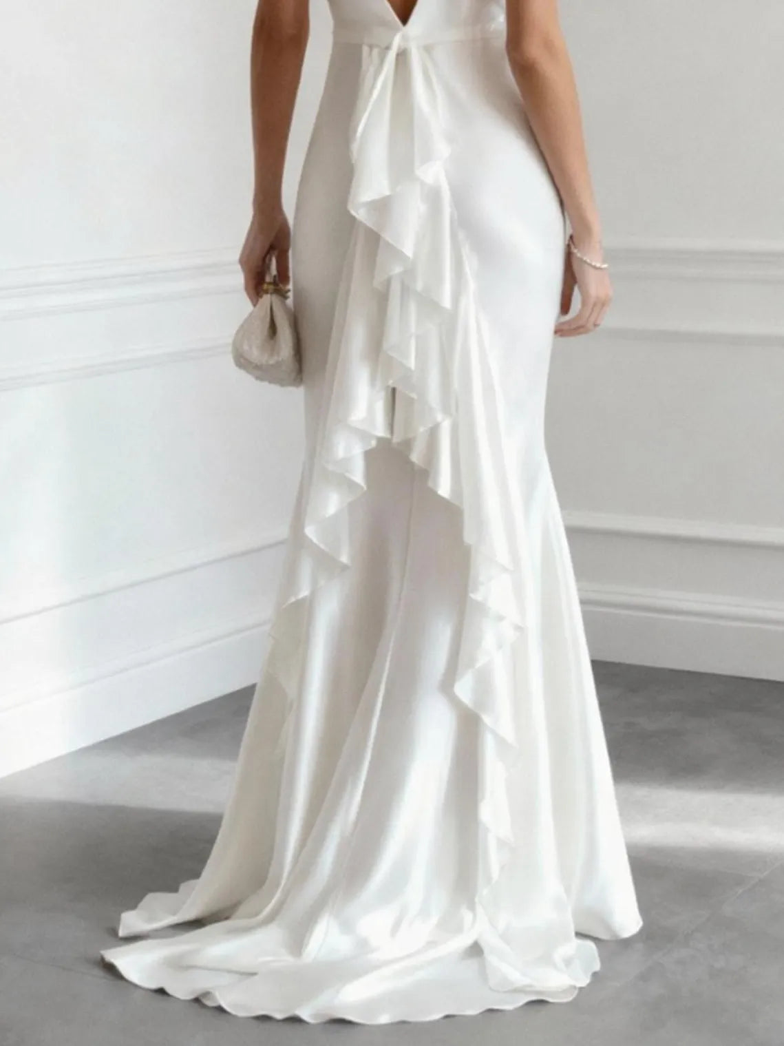 Bateau Neck Satin Mermaid Wedding Dress with Deep V-Back & Ruffle Train - Minimalist Bridal Gown