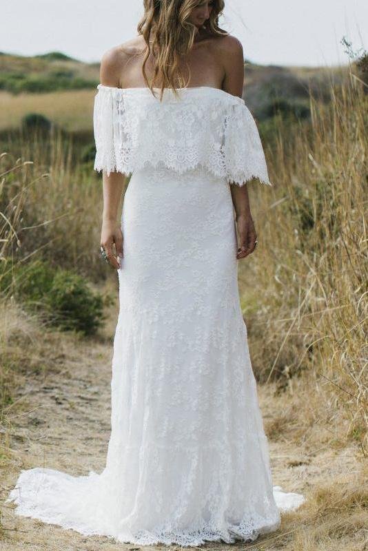 Beach Wedding Dresses Half Sleeve Off the Shoulder Lace Sexy Simple Boho Bride Gowns